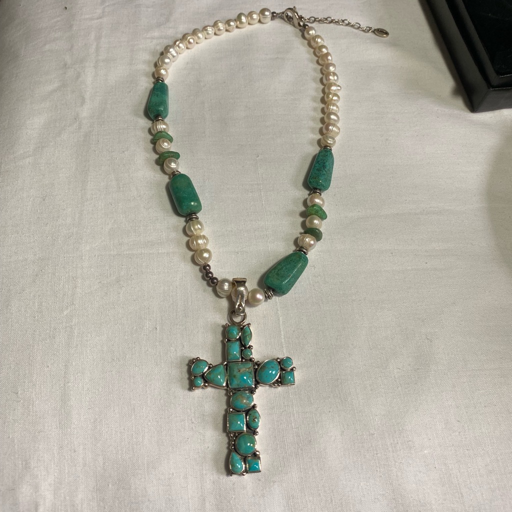 Barse Turquoise Cross On 925 Pendant Chain Faux Pearl And Turquoise Beads 10”